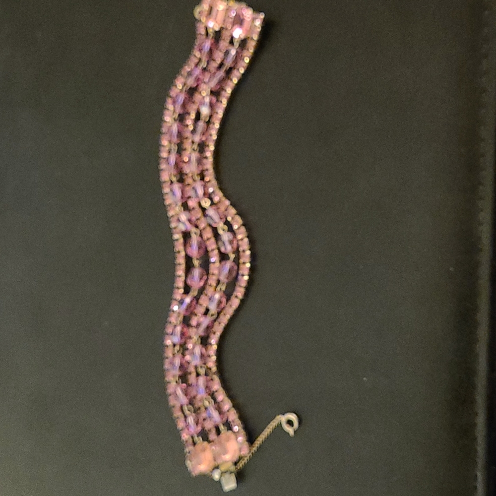 Blush Pink Crystal Stone Five Strand Bracelet. Large cabochons at clasp.